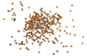 Coriander seeds isolated on white background, top view 