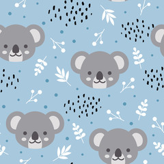 Cute koala seamless pattern, hand drawn forest background with flowers and dots, vector illustration © Gabriel Onat