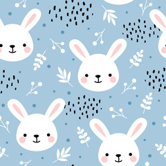Cute rabbit seamless pattern, bunny hand drawn forest background with flowers and dots, vector illustration