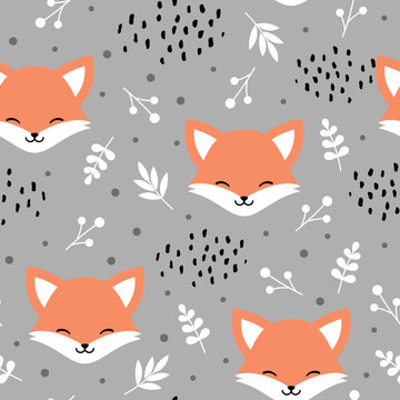 Cute fox seamless pattern, wolf hand drawn forest background with flowers and dots, vector illustration