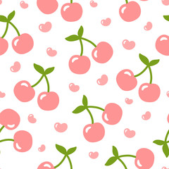 Cherry pattern, cute heart fruit cartoon seamless background with dot, Vector illustration