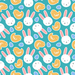 Cartoon Bunny and Cute Chick Seamless Pattern, Easter or Kid Vector Illustration Background with Egg