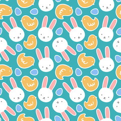 Obraz premium Cartoon Bunny and Cute Chick Seamless Pattern, Easter or Kid Vector Illustration Background with Egg