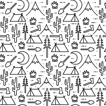 Camping Seamless Pattern, Advanture  Outdoor activity background, Vector illustration