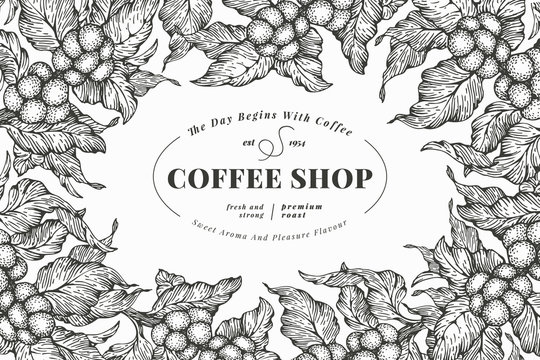 Coffee tree banner template. Vector illustration. Vintage coffee frame. Hand drawn engraved style illustration.