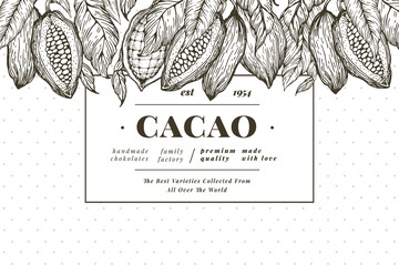 Cocoa bean tree banner template. Chocolate cocoa beans background. Vector hand drawn illustration. Vintage style illustration.