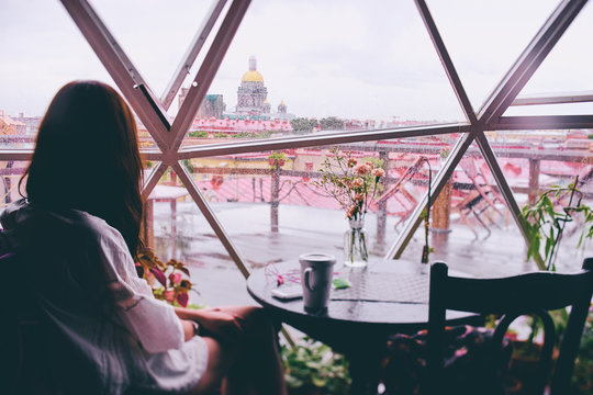 Rainy City. View From Cafe Window To Saint Petersburg Old Town.