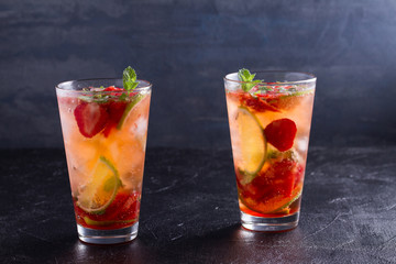 Strawberry mojito cocktail with berries, lime, mint and ice. Summer berry cocktail