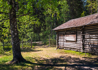 Fototapeta na wymiar Old and idyllic abandoned timber cottage at summer day in Finland