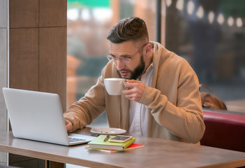 Young freelancer with cup of coffee and laptop working in cafe
