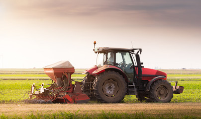 Farmer with tractor seeding - sowing crops at agricultural fields