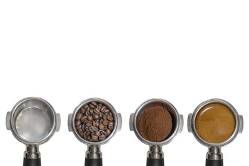Coffee barista scoops or spoon machine crossing from empty to a filed spoon with espresso