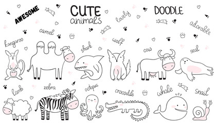 Obraz premium Vector cartoon sketch illustration with cute doodle animals