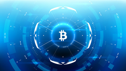Bitcoin cryprocurrency futuristic vector illustration for background, HUD, graphical user interface, banner, business and finance infographics and more. Worldwide digital money blockchain system