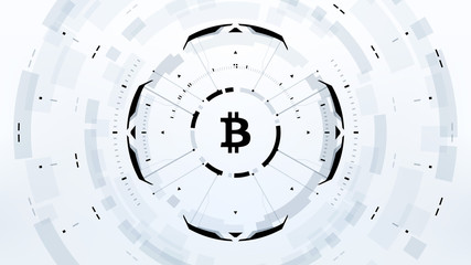 Bitcoin cryprocurrency futuristic black and white vector illustration for background, HUD, GUI, banner, business and finance, advertising and more. Worldwide digital money blockchain system technology