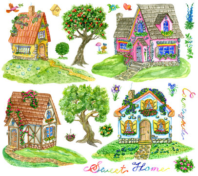 Design set with beautiful cottage houses, trees, lettering and garden objects isolated on white. Vintage country background with summer landscape, watercolor illustration with clip arts