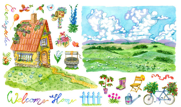 Design set with cute cottage, summer landscape, and garden objects isolated on white. Vintage country background with summer landscape, watercolor illustration with clip arts