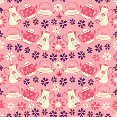 Vector pink teapots garden seamless pattern background.