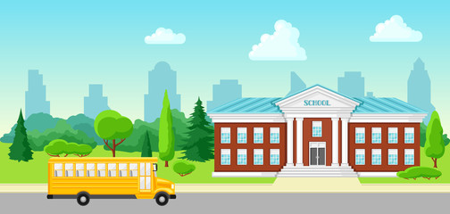 Obraz na płótnie Canvas Illustration of school building and bus.