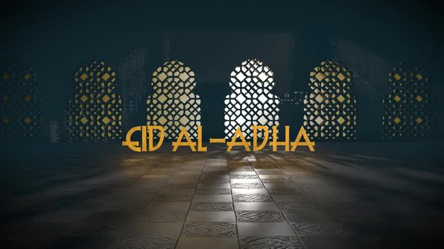 Eid al-Adha Ramadan Kareem Islamic mosque window greeting 3D title render