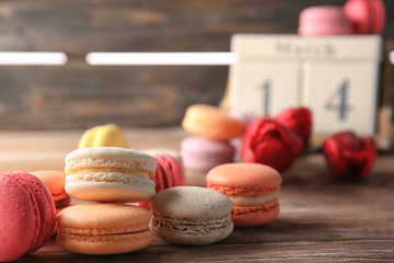 Colorful macarons on table, closeup