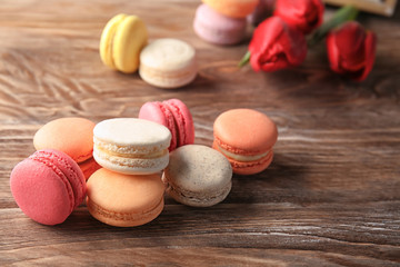 Colorful macarons on table, closeup