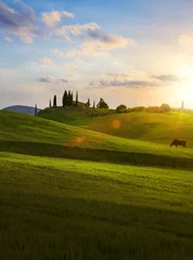 Fotobehang village in tuscany  Italy countryside landscape with Tuscany rolling hills   sunset over the farm land © Konstiantyn