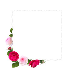 Roses. Flowers. Border. Floral background. Buds. Leaves. Red. Pink. Vector illustration. Flower pattern.