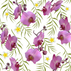 Orchids. Seamless pattern. Tropical flowers. Floral background. Exotic plants. Palm leaves. Plumeria. Buds.