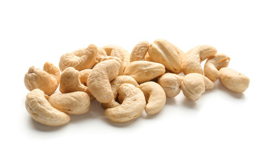 Tasty cashew nuts on white background