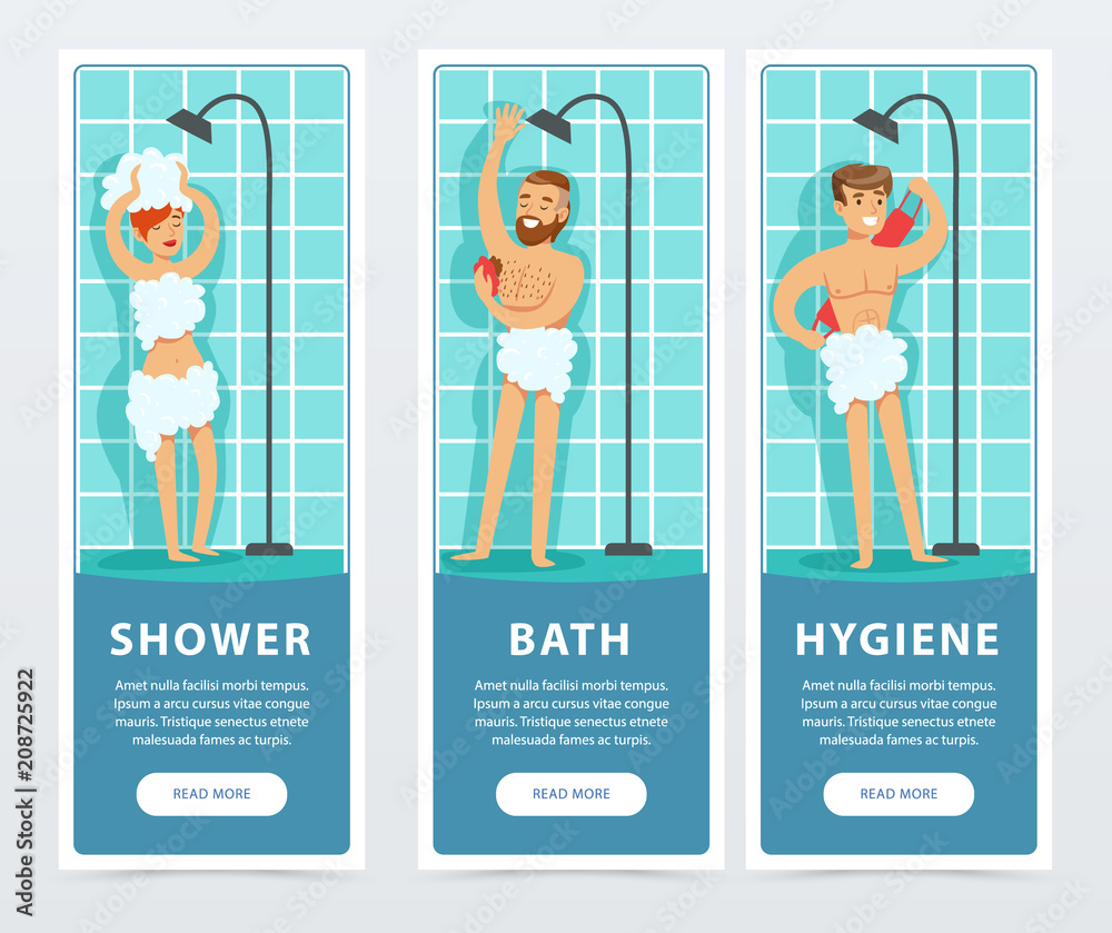 Sticker people taking shower banners set, daily hygiene procedure flat vector ilustrations, element for webs