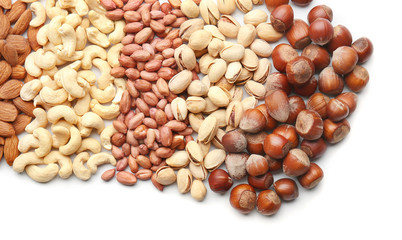 Composition with different types of nuts on white background