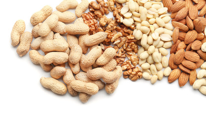 Composition with different types of nuts on white background