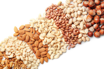 Composition with different types of nuts on white background
