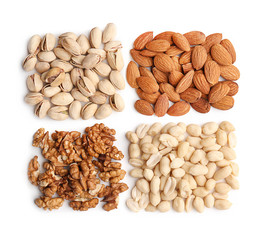 Composition with different types of nuts on white background