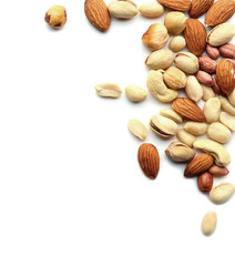 Different types of nuts on white background