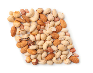 Different types of nuts on white background