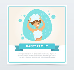 Young woman washing her head with shampoo, daily routine hygiene procedure, happy family banner flat vector ilustration, element for website or mobile app