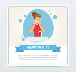 Young woman cleaning her face with foam, daily routine hygiene procedure, happy family banner flat vector ilustration, element for website or mobile app