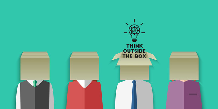 Think outside the box concept. Group of people with cardboard box head and lightbulb with gears as idea metaphor. Vector illustration in flat design.