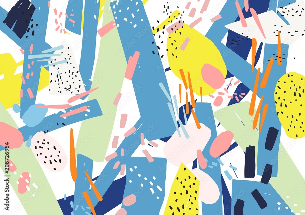 Poster Creative horizontal artistic backdrop with abstract shapes, patches and speckles of vivid colors on white background. Bright colored decorative vector illustration in cool contemporary art style.