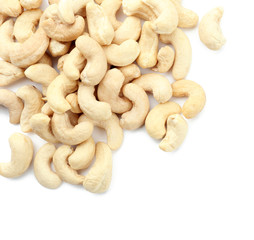 Tasty cashew nuts on white background