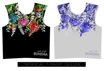 Two print for t-shirt with tropical flowers 