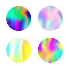 Holographic abstract backgrounds set. Liquid holographic backdrop with gradient mesh. 90s, 80s retro style. Pearlescent graphic template for brochure, flyer, poster, wallpaper, mobile screen.