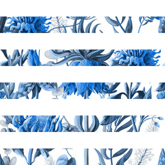 Striped seamless pattern with tropical flowers in blue color. Vector illustration.