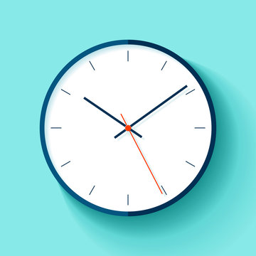 Clock icon in flat style, round timer on blue background. Simple business watch. Vector design element for you project