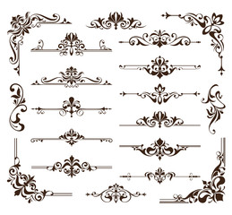 Vintage design elements ornaments frame corners curbs retro stickers and damask vector set illustration white background
