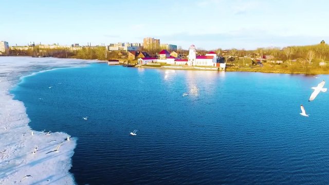  gulls pond winter russia ural nature beauty sky city quadrocopter flight