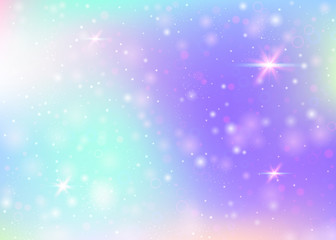 Naklejka premium Magic background with rainbow mesh. Trendy universe banner in princess colors. Fantasy gradient backdrop with hologram. Holographic magic background with fairy sparkles, stars and blurs.