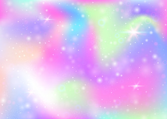 Obraz premium Holographic background with rainbow mesh. Mystical universe banner in princess colors. Fantasy gradient backdrop with hologram. Holographic magic background with fairy sparkles, stars and blurs.